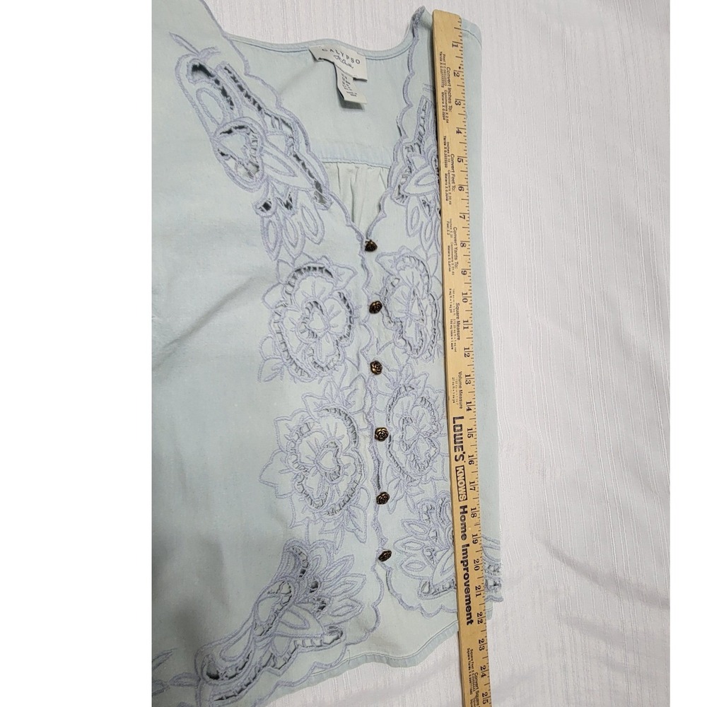 Blue Embroidered Eyelet Cotton Blouse Rose Buttons M Calypso St. Barth Womens - Picture 10 of 10